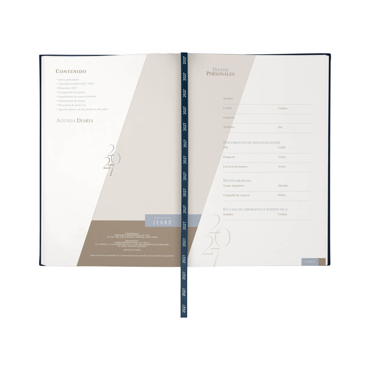 Agenda diaria clasica 2027 azul marino- boligrafo de regalo